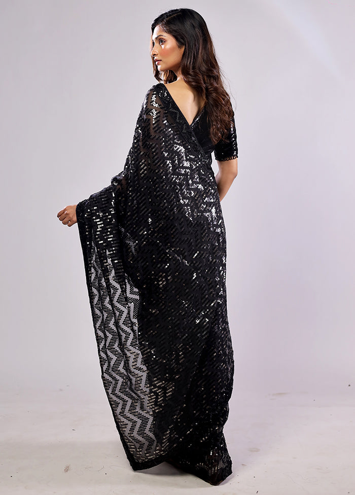 Black Handloom Pure Georgette Saree With Blouse Piece