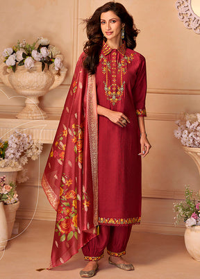 3 Pc Maroon Silk Suit Set