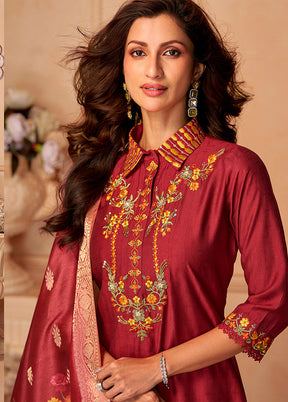 3 Pc Maroon Silk Suit Set