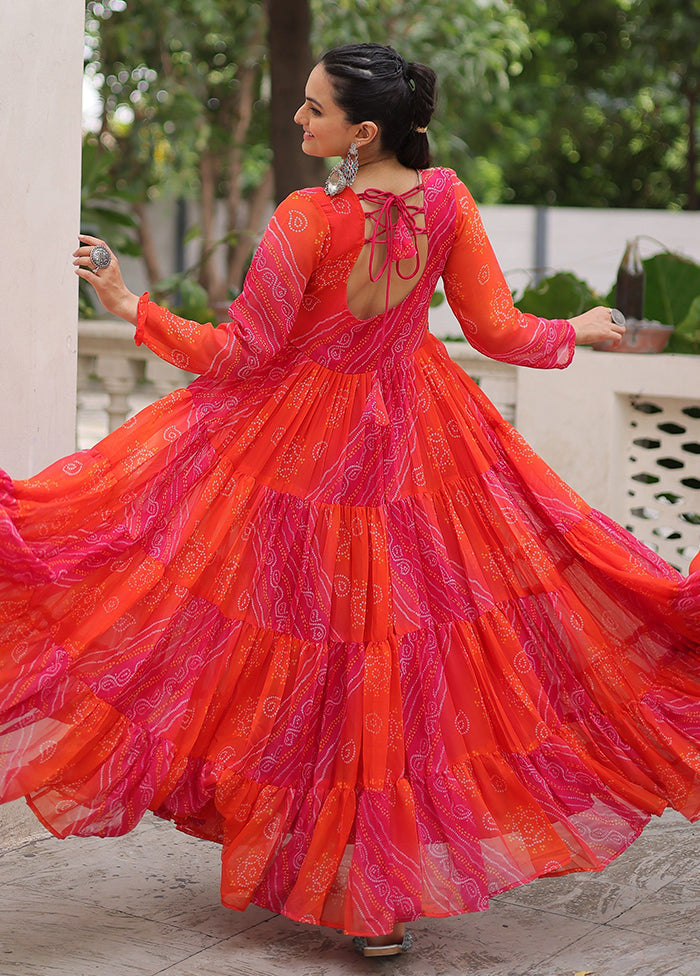 Orange Bandhani Printed Work Georgette Gown