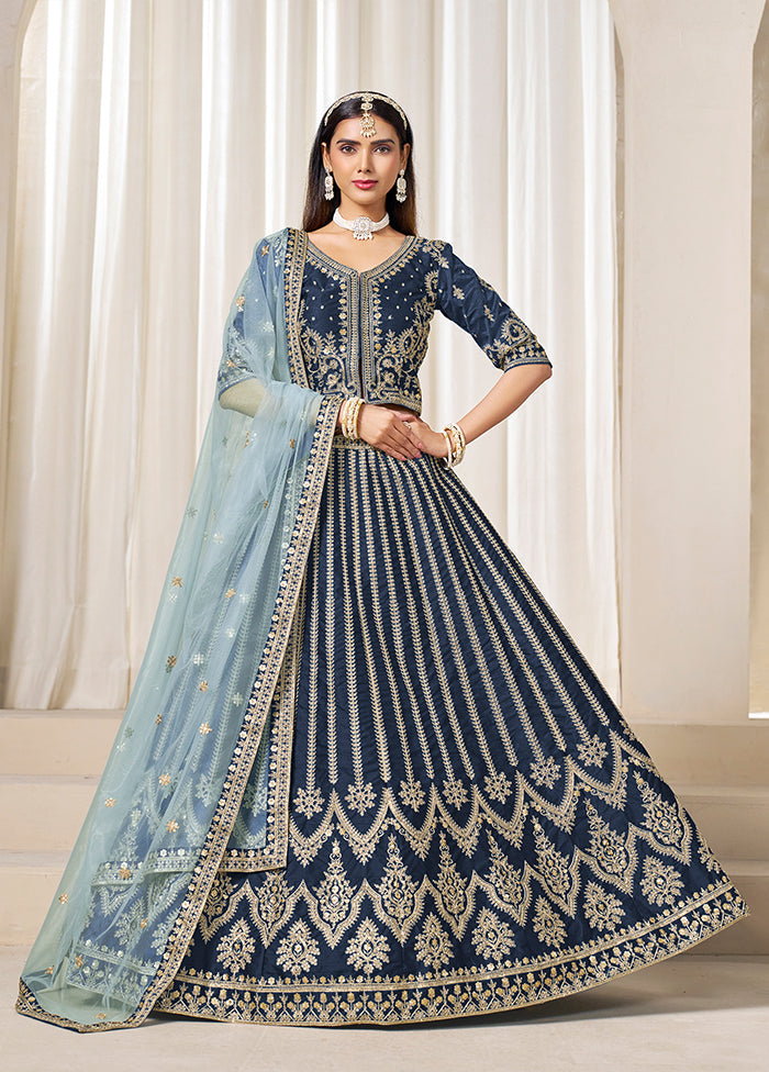 Blue Blended Silk Dupatta Lehenga Set