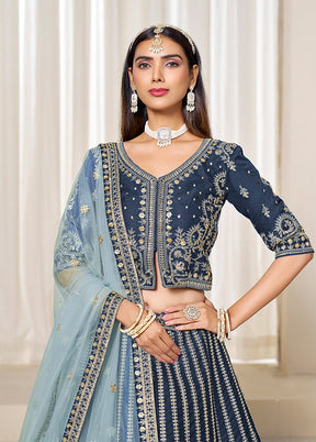 Blue Blended Silk Dupatta Lehenga Set