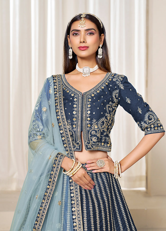 Blue Blended Silk Dupatta Lehenga Set