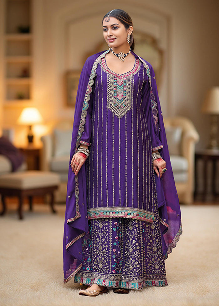 3 Pc Purple Silk Plazzo Suits Set