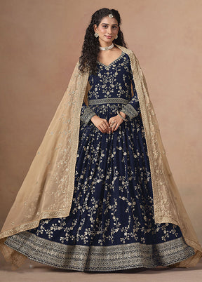 3 Pc Blue Georgette Anarkali Suits Set