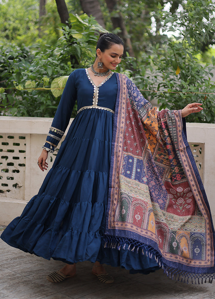 Blue Printed Work Silk Gown With Dupatta Set