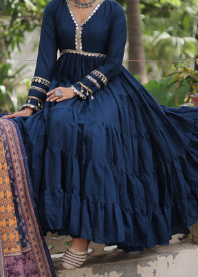 Blue Printed Work Silk Gown With Dupatta Set