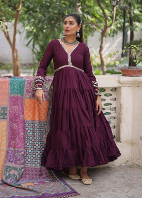 Wine Printed Work Silk Gown With Dupatta Set
