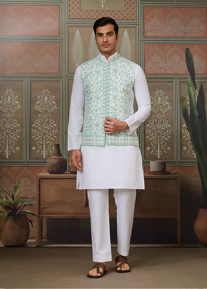 White Silk Kurta & Pajama With Jacket Set