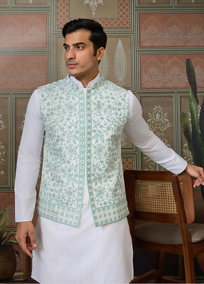 White Silk Kurta & Pajama With Jacket Set
