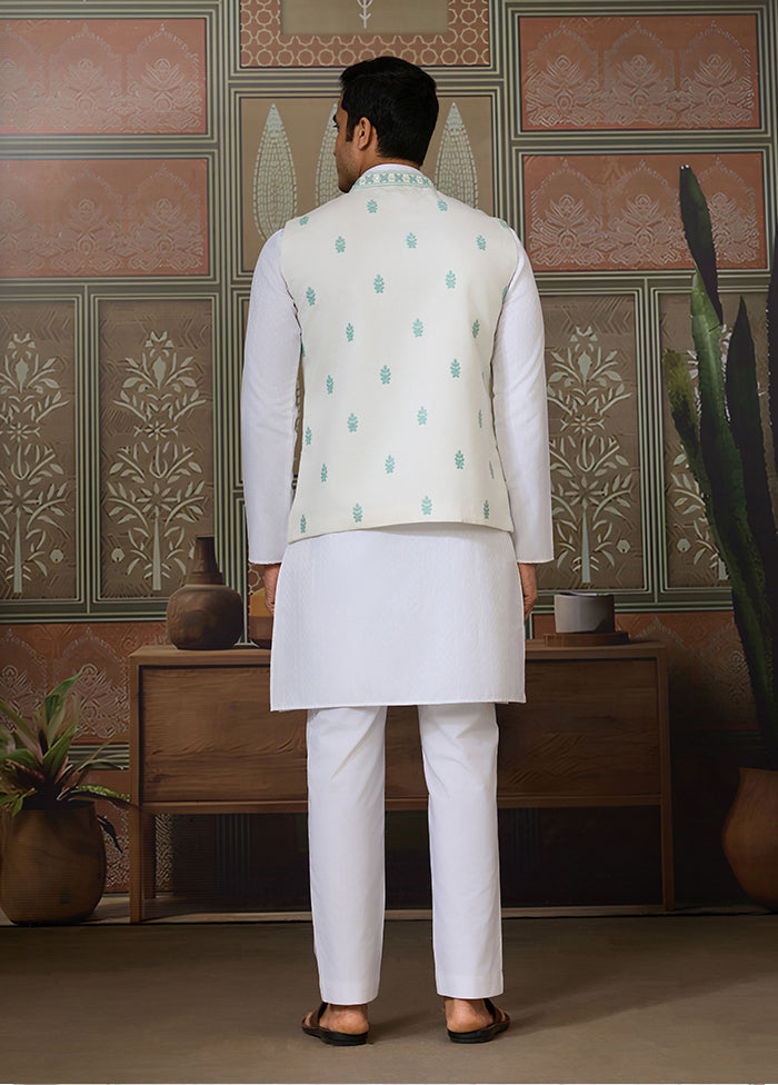 White Silk Kurta & Pajama With Jacket Set