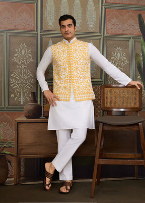 White Silk Kurta & Pajama With Jacket Set