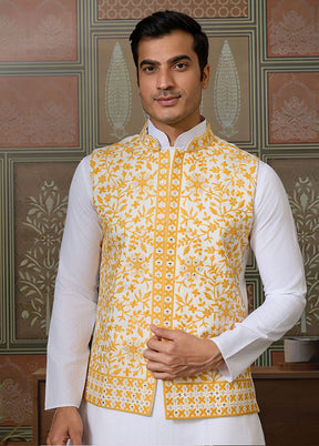 White Silk Kurta & Pajama With Jacket Set