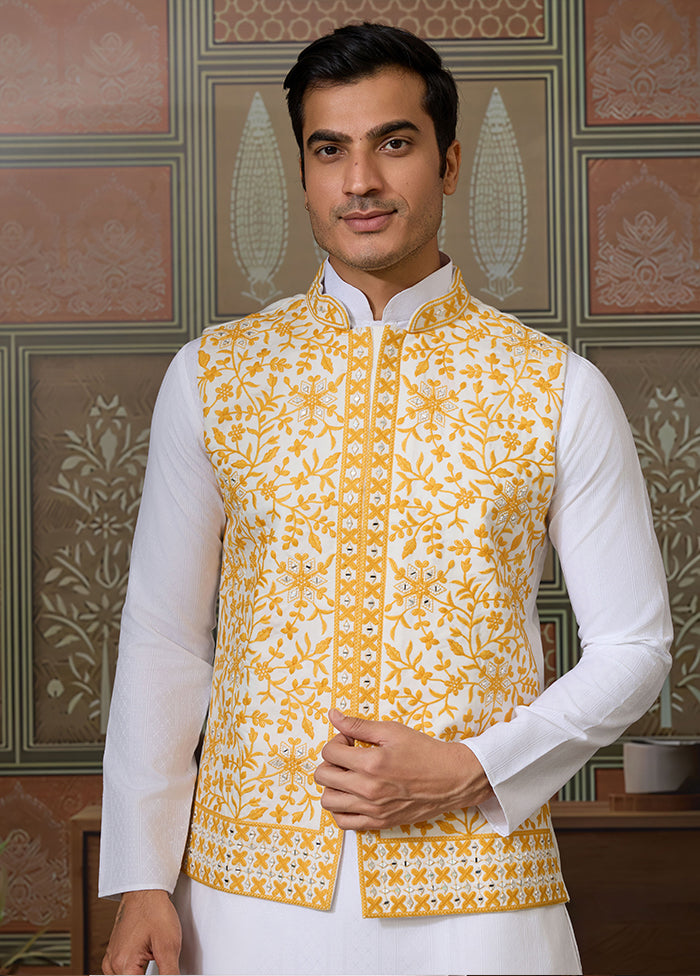 White Silk Kurta & Pajama With Jacket Set