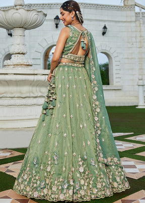 Green Blended Silk Ready to wear Lehenga Set