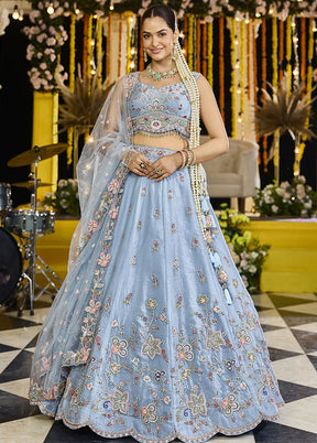 Blue Blended Silk Lehenga Set