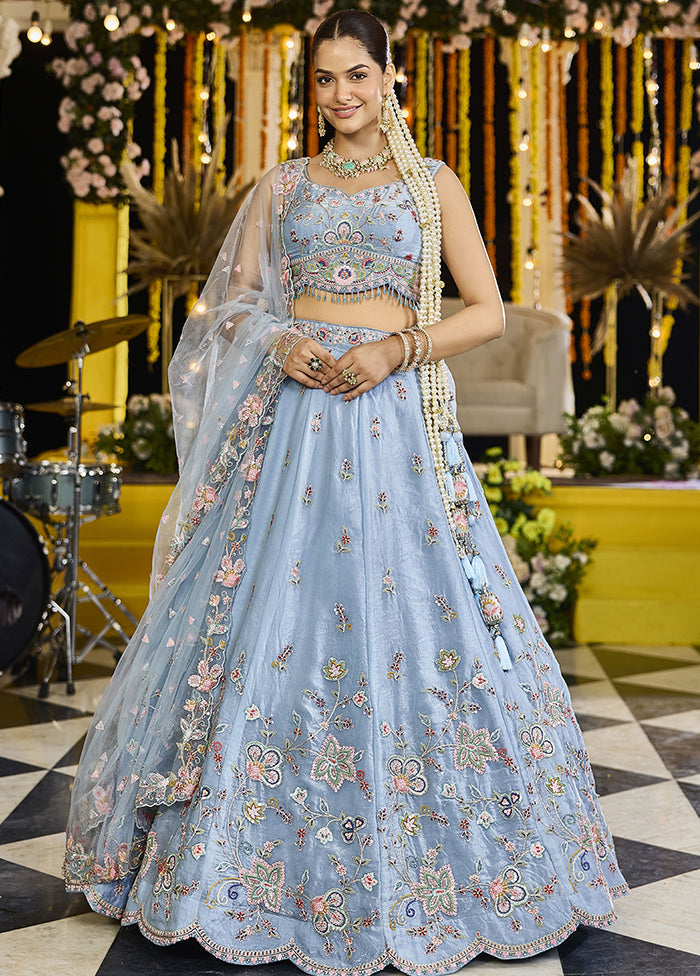 Blue Blended Silk Lehenga Set