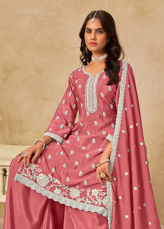 3 Pc Pink Silk Plazzo Suit Set