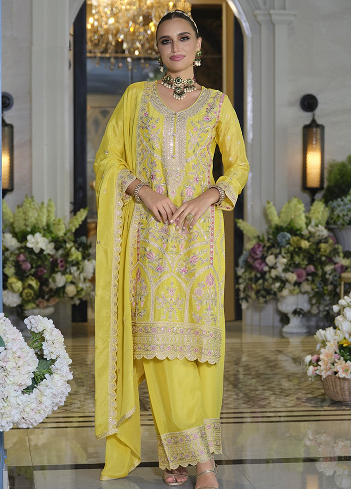 3 Pc Yellow Silk Plazzo Suit Set