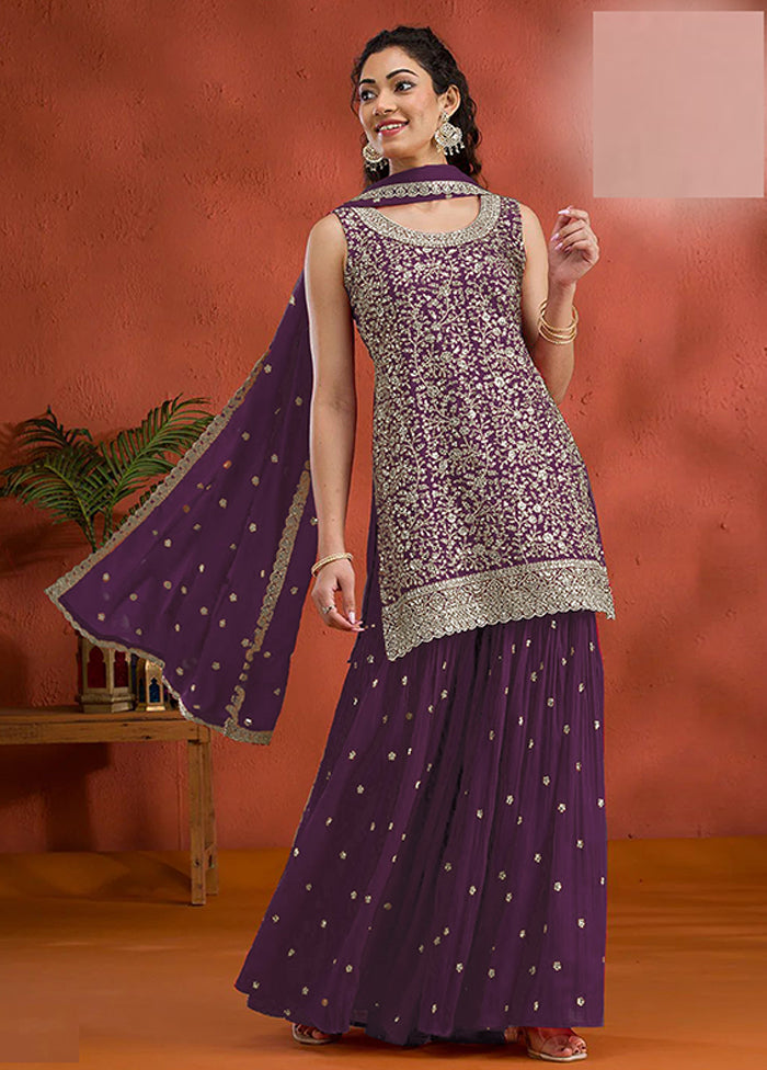 3 Pc Purple Georgette Plazzo Suit Set