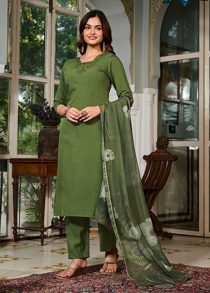 3 Pc Green Cotton Suit Set