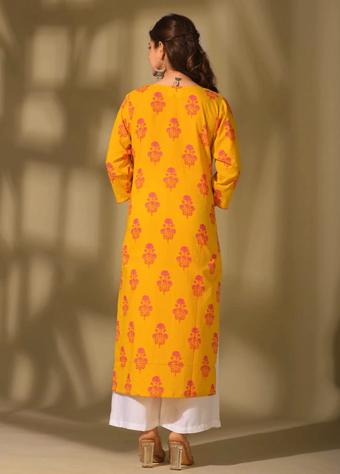 Yellow Printed Work Cotton Kurti