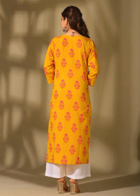 Yellow Printed Work Cotton Kurti