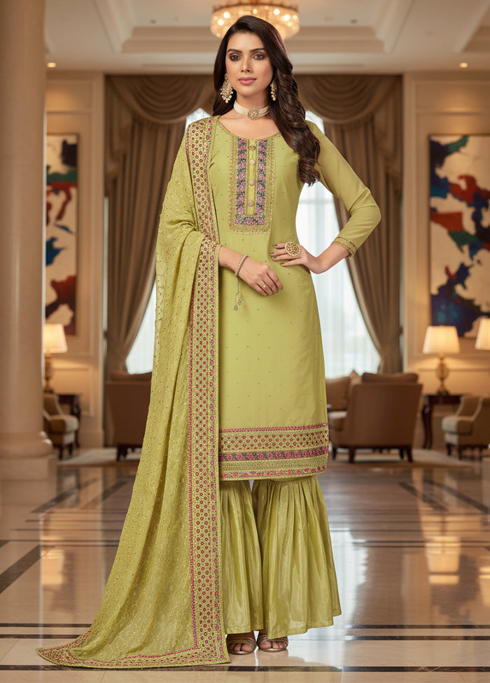 3 Pc Green Georgette Sharara Set