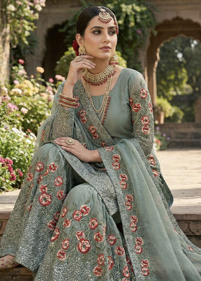 3 Pc Green Silk Sharara Set
