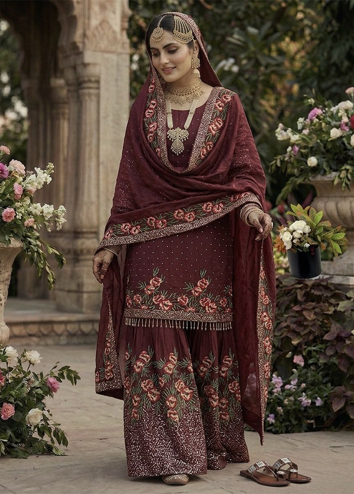 3 Pc Maroon Silk Sharara Set