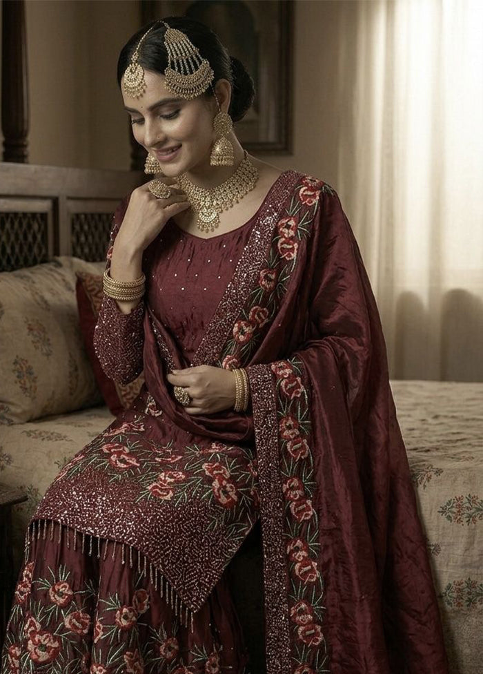3 Pc Maroon Silk Sharara Set