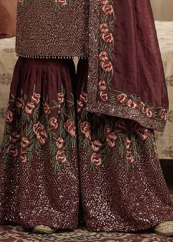 3 Pc Maroon Silk Sharara Set