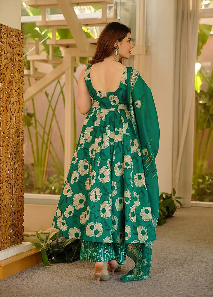 3 Pc Green Muslin A-Line Suit Set