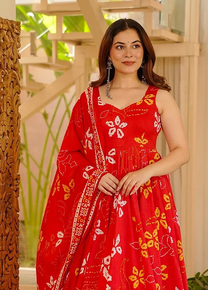 3 Pc Red Muslin A-Line Suit Set