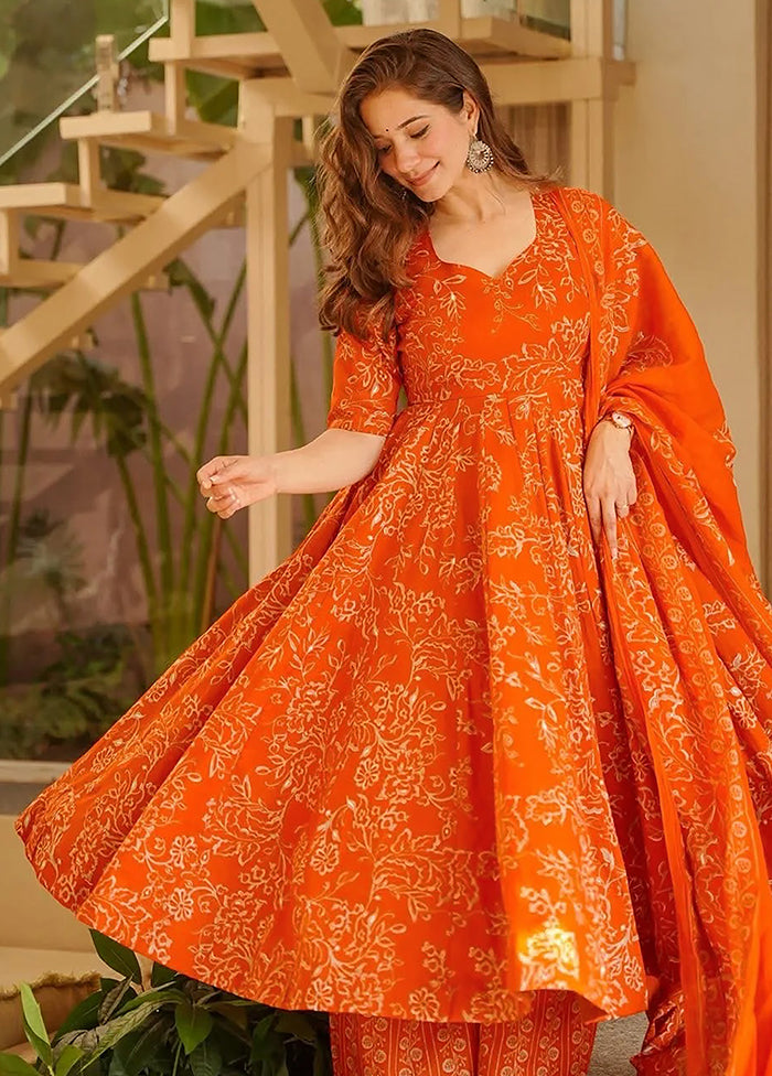 3 Pc Orange Muslin A-Line Suit Set