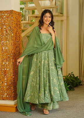 3 Pc Green Muslin A-Line Suit Set