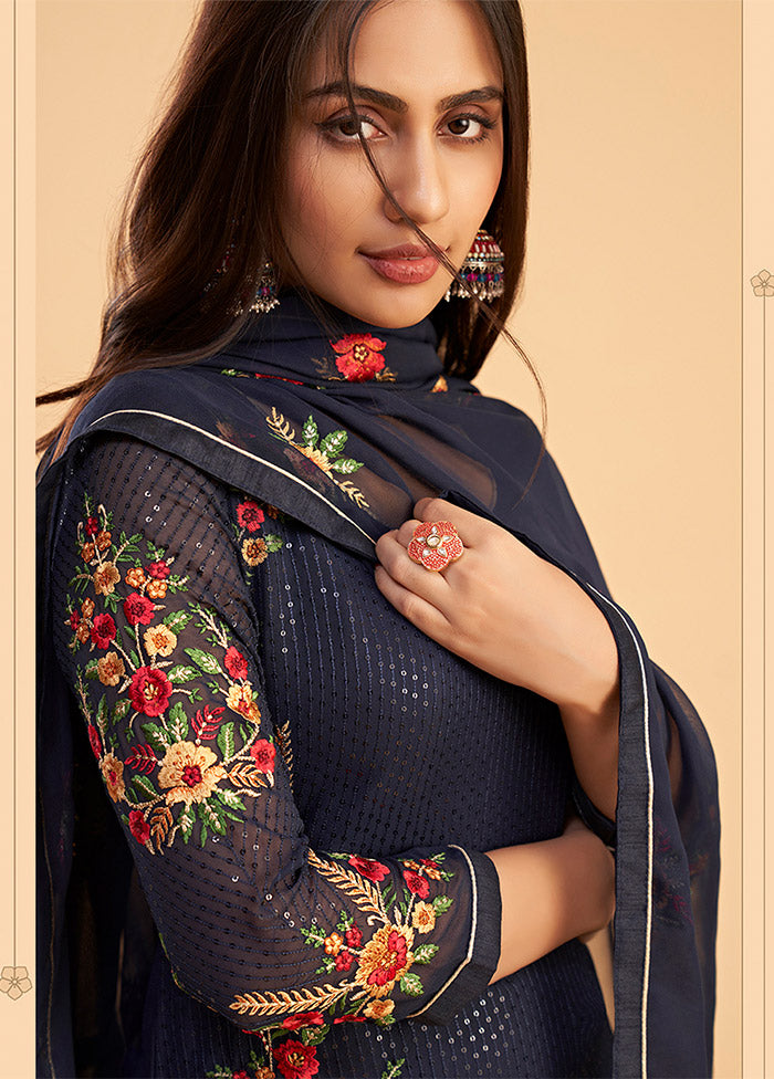 3 Pc Blue Semi Stitched Georgette Suit Set - Indian Silk House Agencies