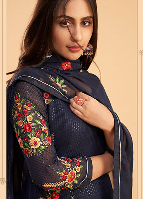 3 Pc Blue Semi Stitched Georgette Suit Set - Indian Silk House Agencies