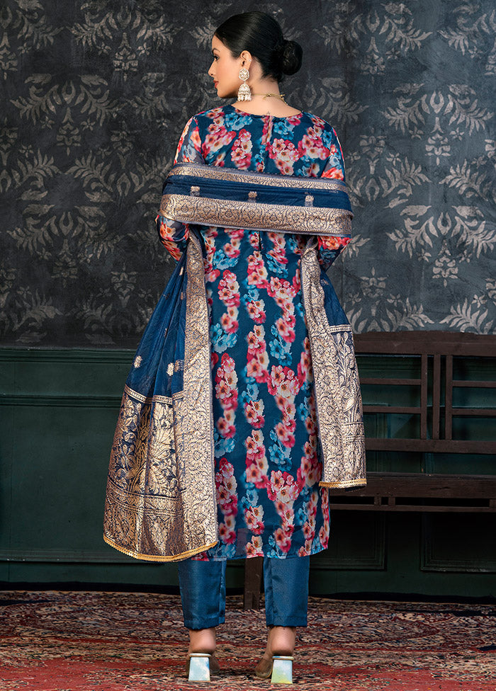 3 Pc Blue Semi Stitched Organza Suit Set - Indian Silk House Agencies