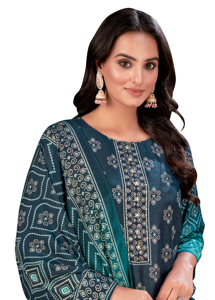 3 Pc Blue Readymade Silk Suit Set - Indian Silk House Agencies