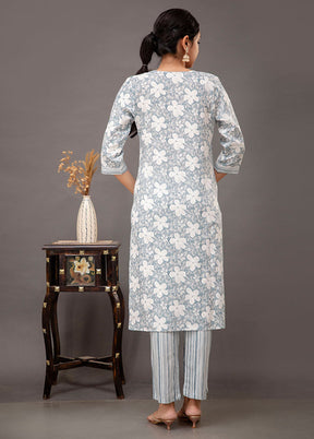 3 Pc Blue Readymade Cotton Suit Set - Indian Silk House Agencies