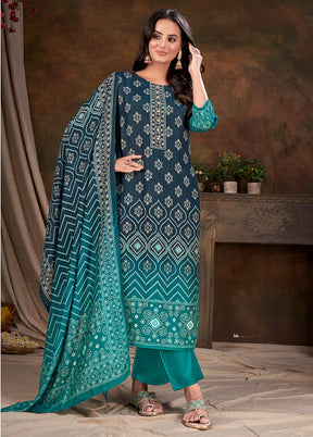 3 Pc Teal Blue Readymade Silk Suit Set - Indian Silk House Agencies