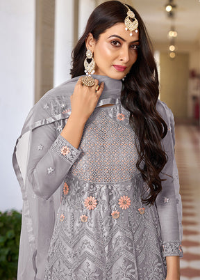 3 Pc Grey Semi Stitched Net Suit Set - Indian Silk House Agencies