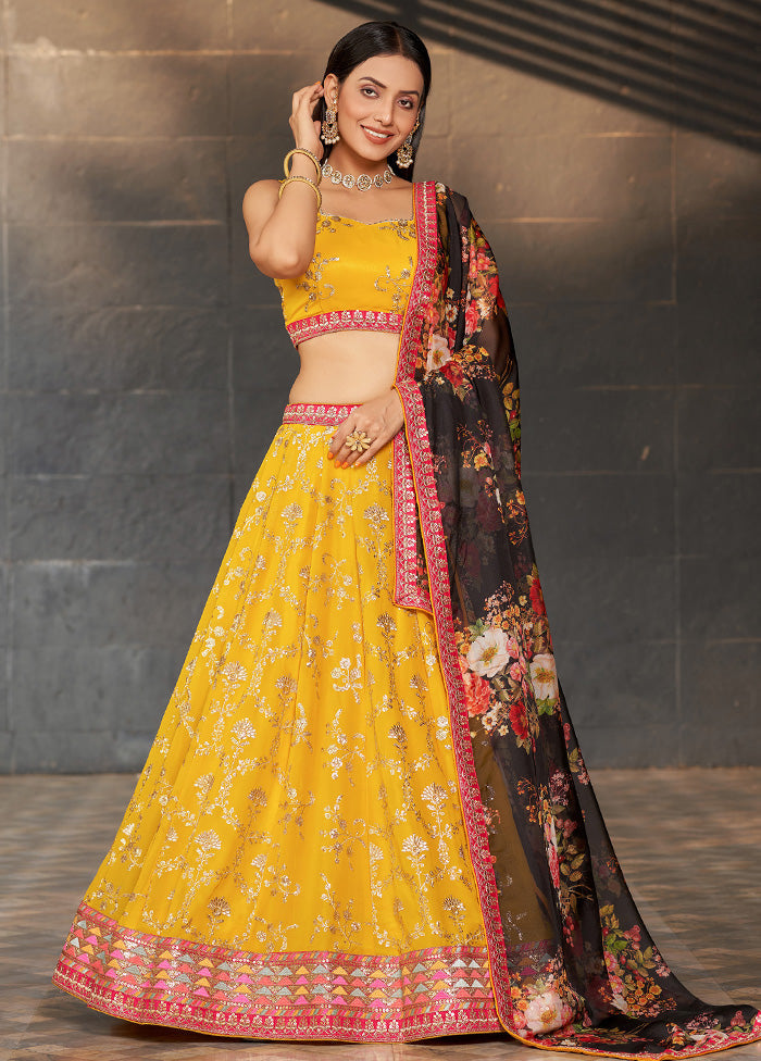 3 Pc Yellow Georgette Semi Stitched Lehenga Set - Indian Silk House Agencies