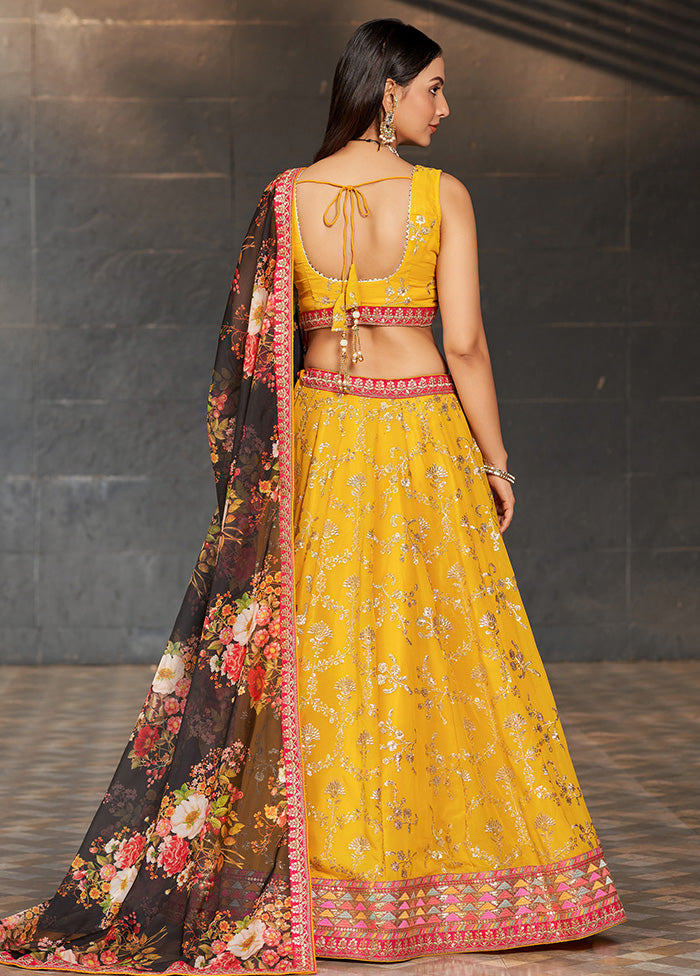 3 Pc Yellow Georgette Semi Stitched Lehenga Set - Indian Silk House Agencies