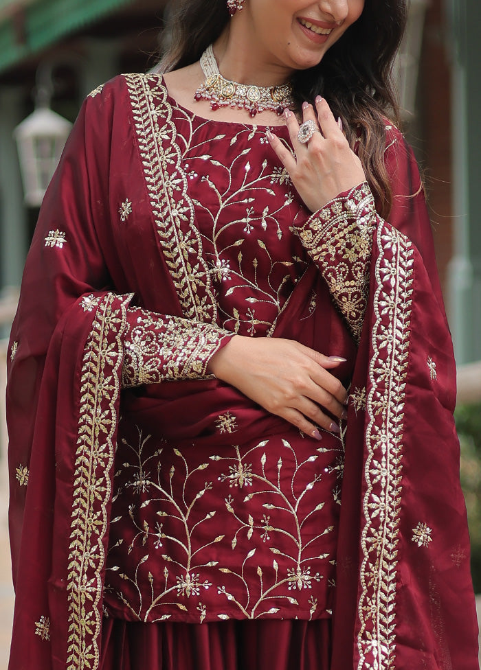 3 Pc Maroon Readymade Silk Suit Set