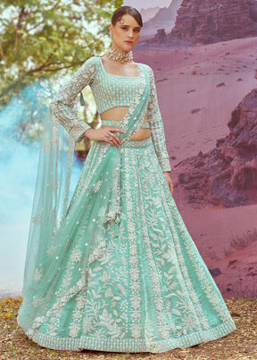3 Pc Sea Green Silk Semi Stitched Lehenga Set