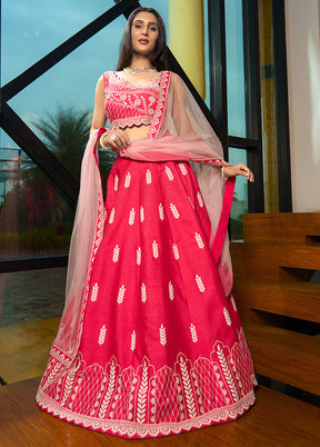 3 Pc Pink Silk Semi Stitched Lehenga Set