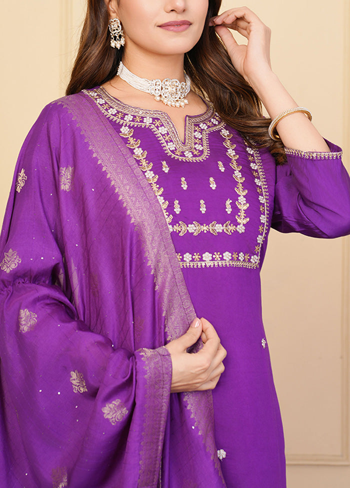 3 Pc Purple Readymade Viscose Suit Set