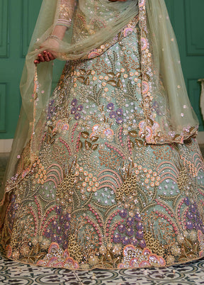 3 Pc Sea Green Net Semi Stitched Lehenga Set